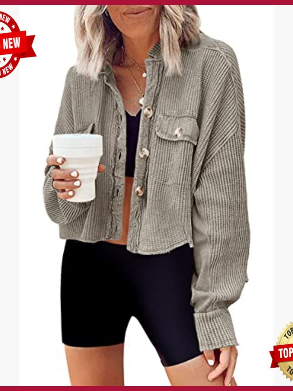 Cropped Waffle Knit Shacket Batwing Sleeve Button Down Jacket with Pocket - Picture 2 of 6